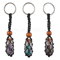 Natural & Synthetic Gemstone Wishing Bottle Keychain, Nylon Cord Macrame Pouch Stone Holder, with Iron Split Key Rings and Wood Bead, 10.5cm