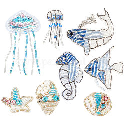 Ahandmaker 8 pièce de patchs appliqués en perles faits à la main, 8 styles d'appliques d'animaux marins cousus sur des patchs de perles en strass, Patchs de broderie à coudre pour bricolage, artisanat, robe de soirée, costume, jeans, chaussures, accessoire