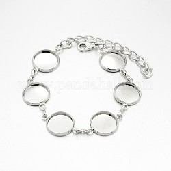 Brass Flat Round Tray Link Bracelet Makings, with Lobster Claw Clasps and Iron Tail Chains, Platinum, Tray: 14mm, 183x16mm