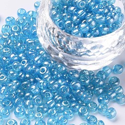 Perles de rocaille en verre, trans. couleurs lustered, ronde, cyan clair, 4mm, Trou: 1.5mm, environ 500 pcs/50 g, 50 g / sac, 18 sacs/2 livres