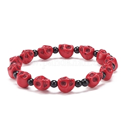 Natural Mashan Jade Skull & Synthetic Turquoise(Dyed) Beaded Stretch Bracelet, Gemstone Jewelry for Women, Red, Inner Diameter: 2-1/8 inch(5.5cm)