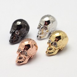 Skull Brass Micro Pave Cubic Zirconia Beads, Cadmium Free & Nickel Free & Lead Free, Mixed Color, 13x9x11mm, Hole: 1mm and 3mm