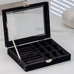 Boîtes d'organisateur de bijoux en velours rectangle, vitrine transparente visible pour les anneaux, des boucles d'oreilles, colliers, noir, 20x15x5 cm
