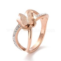 Diamante de imitación de cristal entrecruzado con anillo de dedo de mariposa, chapado en iones (ip) 304 joyería de acero inoxidable para mujer, oro rosa, nosotros tamaño 6 1/4~9 (16.8~18.9 mm)
