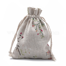 Bolsas de embalaje de poliéster (algodón poliéster) Bolsas con cordón, con ramas de hojas impresas, encaje antiguo, 14x10 cm