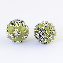 Round Handmade Indonesia Beads, with Crystal Rhinestones and Alloy Cores, Antique Silver, Olive, 16~17x15~16mm, Hole: 1~2mm
