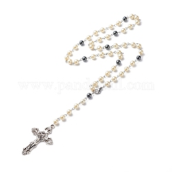 Collares de cuentas de rosario de vidrio y hematites sintético para mujeres, collares colgantes de aleación de cruz de jesús, plata antigua, 22.17 pulgada (56.3 cm)