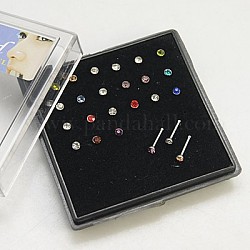 304 Stainless Steel Nose Bone Rings, Nose Studs Nose Piercing Jewelry, with Grade A Rhinestone, Stainless Steel Color, Colorful, 9.5mm, Pin: 20 Gauge(0.8mm), Rhinestone: 2.5mm, 24pcs/box