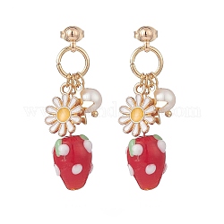 Natural Pearl & Alloy Enamel Flower & Lampwork Strawberry Dangle Stud Earrings, Brass Long Drop Earrings for Women, Crimson, 42mm, Pin: 0.9mm