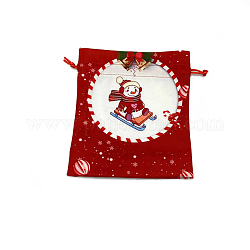 クリスマスプリント布巾着バッグ  長方形のギフト収納ポーチ  クリスマスパーティー用品  ファイヤーブリック  18x16cm