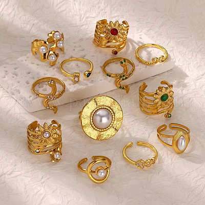 Кольца-манжеты в стиле ретро-королевской эпохи из нержавеющей стали 304 с имитацией жемчуга&nbsp;FS-WG343E9-01-1