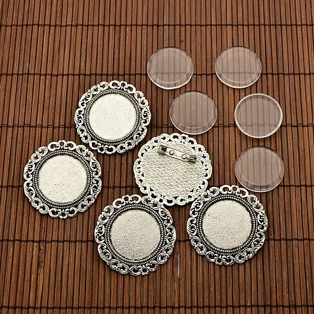 25mm Transparent Glass Cabochons and Flat Round Tibetan Style Brooch Cabochon Settings DIY-X0188-AS-NR-1