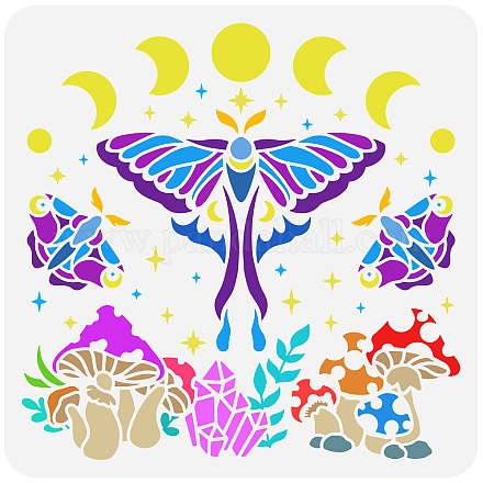 FINGERINSPIRE Moon Phase Stencil 11.8x11.8inch Luna Moth Painting Stencil Mushroom Stencil Plant Drawing Template Large Stencil Plastic PET Stencil for Wall Floor Tiles Furniture Painting DIY-WH0391-0328-1