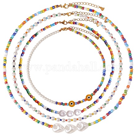 Collane con perline di semi di vetro e perle naturali in stile 4 pz 4 con malocchio per le donne NJEW-SW00013-1