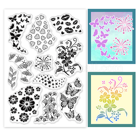 PH PandaHall Flower Clear Stamps Butterfly Transparent Scrapbooking Stamps Animal Plant Silicone Clear Stamps with Bee Leaf Heart Star Mouth for Spring Card Making Scrapbooking Embossing Album Decor DIY-WH0167-56-968-1