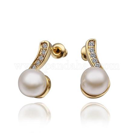 Real 18K Gold Plated Tin Alloy Rhinestone Pearl Ear Studs For Women EJEW-BB13487-1
