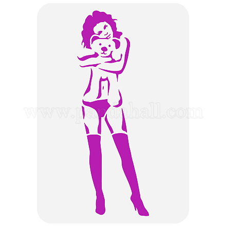 FINGERINSPIRE Woman and Teddy Bear Stencil for Painting 11.7x8.3inch Reusable Sexy Woman with Wellington Boots Template Teddy Bear Painting Stencil Banksy Theme Stencil for Wall Furniture Decoration DIY-WH0396-446-1