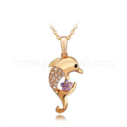 Real Gold Plated Eco-Friendly Tin Alloy Czech Rhinestone Dolphin Pendant Necklaces NJEW-BB12096-G-1
