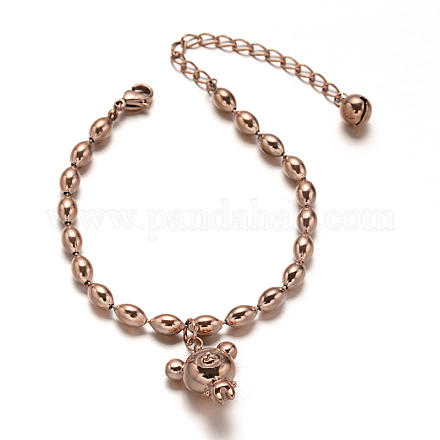 304 Stainless Steel Ball Chain Bear Charm Bracelets BJEW-L543-44RG-1