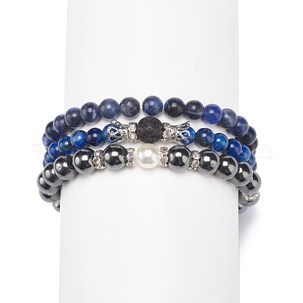 Ensemble de bracelets extensibles en perles rondes avec pierres mélangées naturelles et synthétiques de style 3pcs 3 BJEW-JB08587-1
