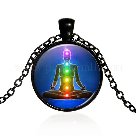 Chakra-Thema-Yoga-Halskette mit menschlichem Glasanhänger CHAK-PW0001-022D-1