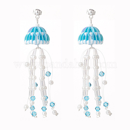 Glass Seed & Synthetic Moonstone Beaded Long Tassel Dangle Stud Earrings with Shell Pearl for Women EJEW-TA00062-1