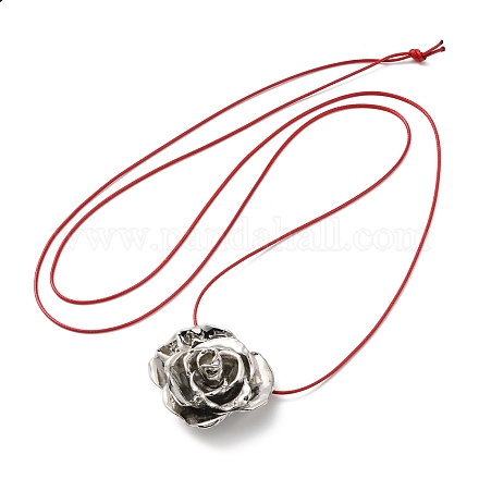 Halskette mit Rosenblüten-Anhänger aus Zinklegierung und Lederschnüren NJEW-D044-01P-1