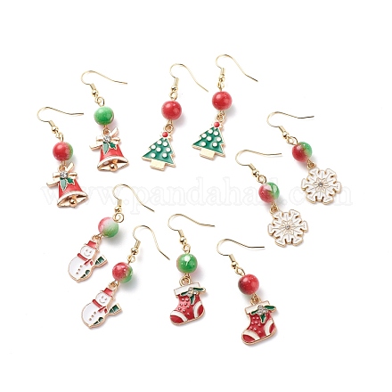 Orecchini pendenti in lega smaltata a tema natalizio con perline in resina EJEW-JE05024-1