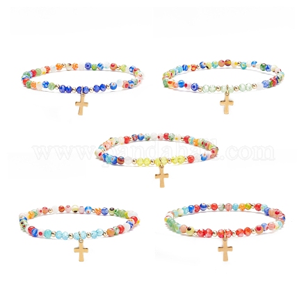 Bracelet extensible en perles de verre millefiori avec 304 breloque croix en acier inoxydable pour femme BJEW-JB08521-1