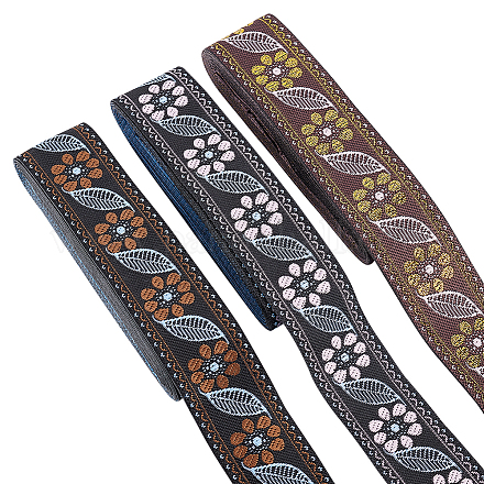 FINGERINSPIRE 11.5 Yards 3 Colors Jacquard Ribbon Trim Ethnic Embroidery Polyester Ribbons with Flowers & Leaves Pattern 1-1/4