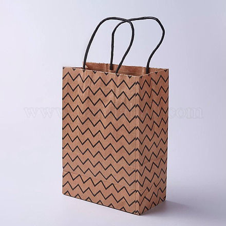 クラフト紙袋  ハンドル付き  ギフトバッグ  ショッピングバッグ  茶色の紙袋  長方形  波の模様  キャメル  21x15x8cm CARB-E002-S-G03-1