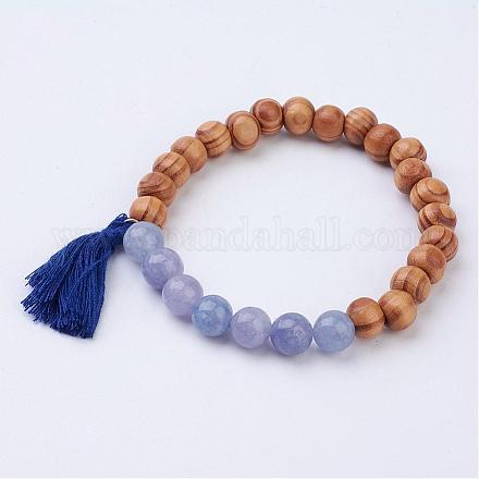 Wood and Natural Aquamarine Beads Stretch Bracelets BJEW-JB02784-02-1