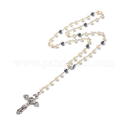 Synthetic Hematite & Glass Rosary Bead Necklaces for Women NJEW-JN03992-1