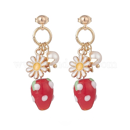 Boucles d'oreilles pendantes en perle naturelle et alliage d'émail fleur et fraise au chalumeau EJEW-TA00143-1