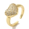 Rack Plating Brass Micro Pave Clear Cubic Zirconia Cuff Ring, Heart Open Ring for Women, Cadmium Free & Lead Free, Long-Lasting Plated, Real 18K Gold Plated, Adjustable