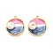 304 Stainless Steel Enamel  Pendants, with Glitter Powder and ABS Imitation Pearl, Flat Round Charm, Ion Plating(IP), Real 18K Gold Plated, Crimson, 21x19x7mm, Hole: 1.8mm