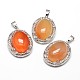 Oval Platinum Plated Brass Natural Red Agate Rhinestone Pendants G-F228-35H-RS-1