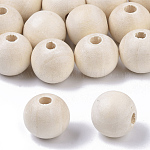 Unfinished Natural Wood Beads, Waxed Wooden Beads, Smooth Surface, Round, Floral White, 14mm, Hole: 2.5mm