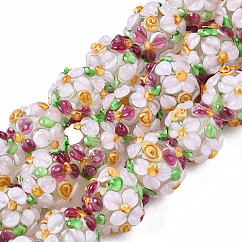 Hilos de abalorios de murano hechos a mano, desigual, redondo con flor, rubor lavanda, 12~13x11~12mm, agujero: 1 mm, aproximamente 45 pcs / cadena, 19.29 pulgada (49 cm)