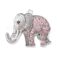 Strass lega di stile tibetano grandi ciondoli,  cadmio& piombo libero, elefante, argento antico, roso chiaro, 43x51x5.5mm, Foro: 3.5 mm