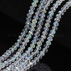 Galvanisieren Glasperlen, halb Regenbogen plattiert, facettiert, Rondell, Transparent, 4x3 mm, Bohrung: 0.4 mm, ca. 105~110 Stk. / Strang, 38~39 cm