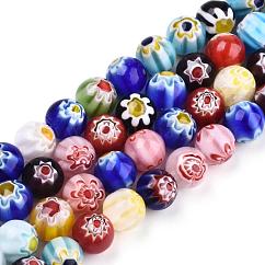 Handgemachte Millefiori Glas runde Perle Stränge, Mischfarbe, 8 mm, Bohrung: 1 mm, ca. 48 Stk. / Strang, 14 Zoll
