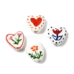 Perline porcellana fatto a mano, perline di ceramica dipinte a mano, cuore, porcellana famille rose, cuore, 14x14.5~15x6.5~7mm, Foro: 3 mm