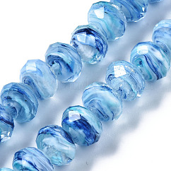 Handgemachte Murano Glas Perlen Stränge, mit Glitzerpulver, Innen Blume, Abakus, facettiert, Licht Himmel blau, 11.5x8.5 mm, Bohrung: 1.5 mm, ca. 45 Stk. / Strang, 15.16 Zoll (38.5 cm)