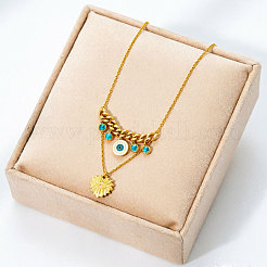 Collar doble de acero inoxidable 304 con colgante de corazón y ojo turco esmaltado&nbsp;WGD59F3-01
