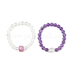 2 juego de 2 pulseras elásticas redondas de cuentas de amatista natural y cristal de cuarzo (2.05 pieza&nbsp;BJEW-TA00751