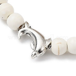 Delfino in lega di stile tibetano e braccialetto elasticizzato con perline rotonde turchesi sintetiche&nbsp;BJEW-JB09895-01