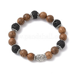 Braccialetti elastici con perline rotonde in legno naturale e pietra lavica&nbsp;BJEW-JB12353-02