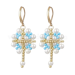 Boucles d'oreilles à levier en acier inoxydable 304 avec fleur et croix et graines de verre&nbsp;EJEW-MZ00507-04