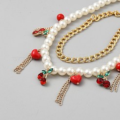 АБС-пластик имитация жемчуга круглая бисерная подвеска в форме сердца и вишни двухслойные ожерелья&nbsp;NJEW-WH0002-217